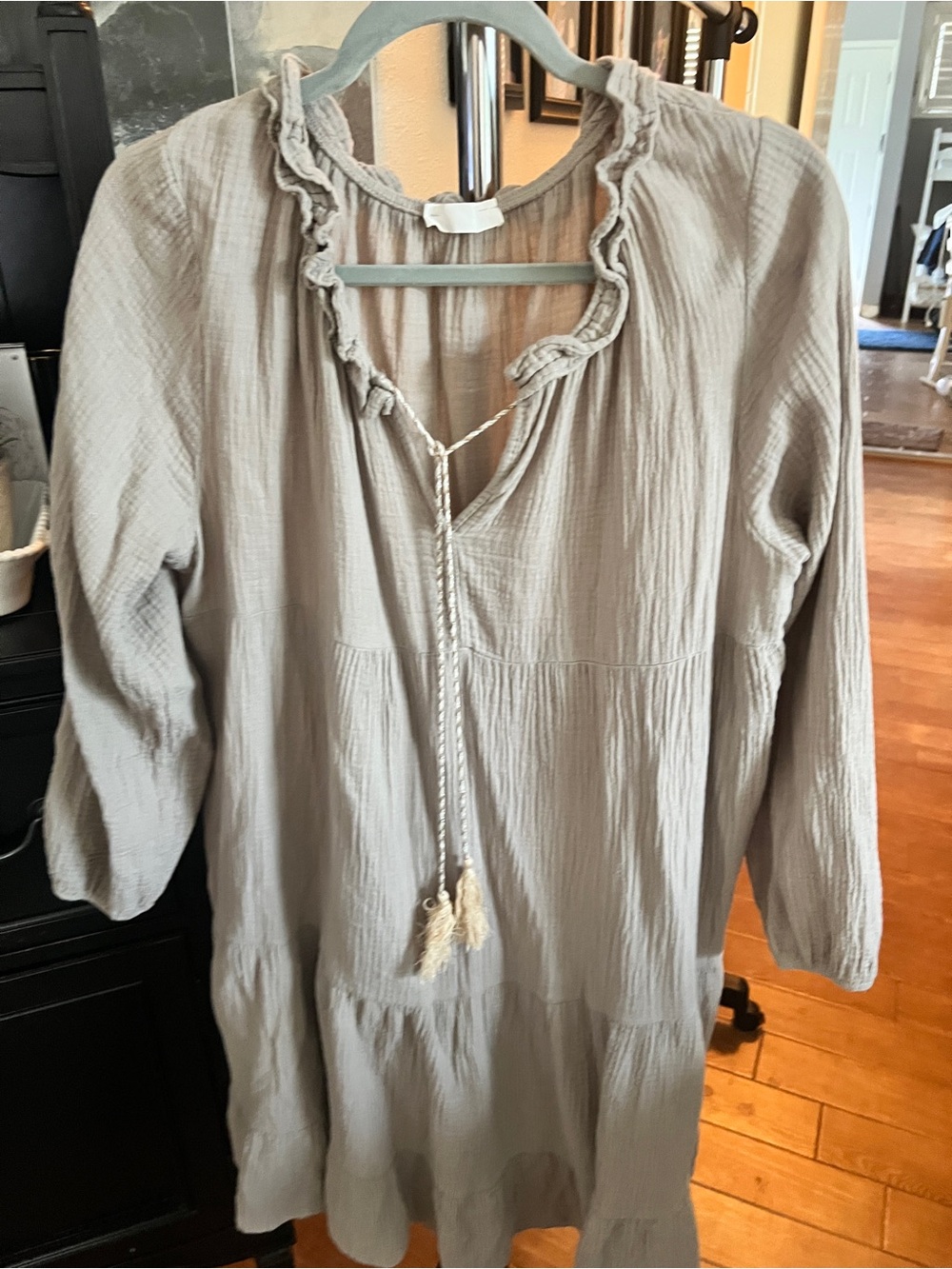 Light Taupe Ruffle-Neck Cotton Tunic Dress